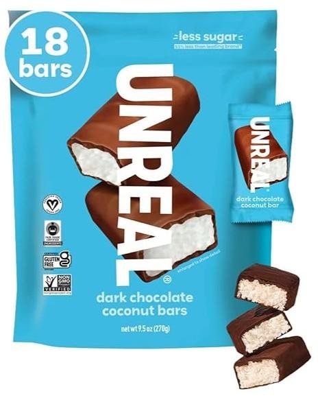 Barras de Chocolate Amargo com Coco UNREAL (Pacote Econômico) | Vegano, 3g de Açúcar e 3 Ingredientes Simples | Sem OGMs, Sem Glúten e Comércio Justo | 269g