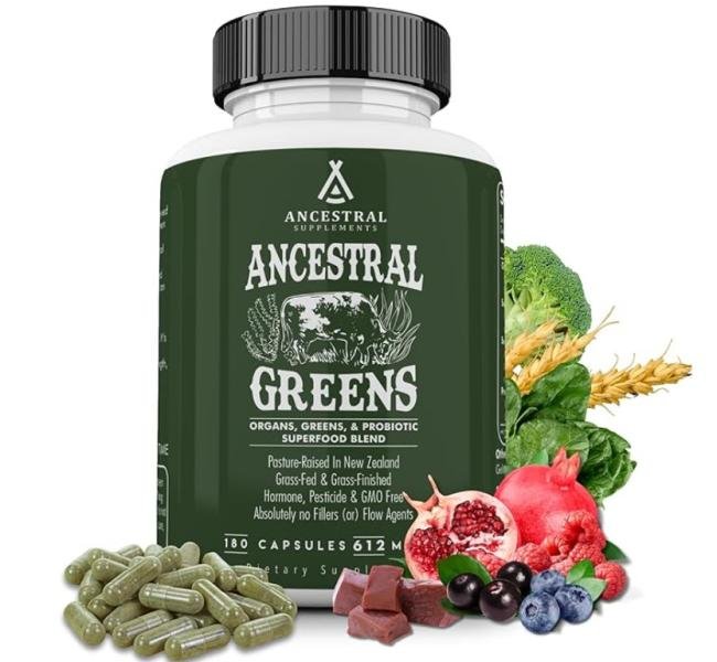 Ancestral Supplements Greens Powder Capsules, Organic Superfood Greens & Reds Blend with Spirulina, Chlorella, Grass Fed Beef Organs, and Probiotics for Gut Health, Non GMO, 612mg Each, 180 Count