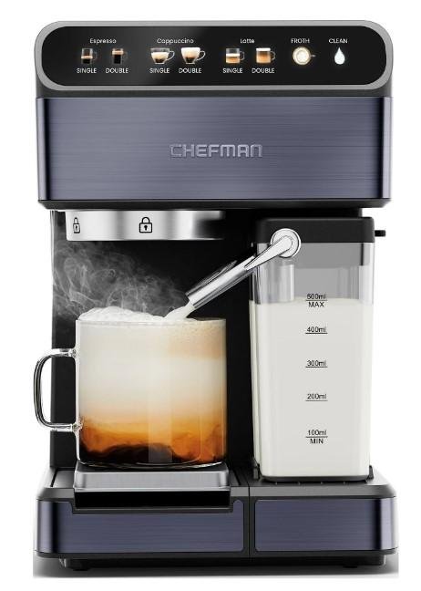 Chefman Espresso Machine w/ Milk Frother, 20 Bar Pump, Digital Display - Black Stainless Steel, New