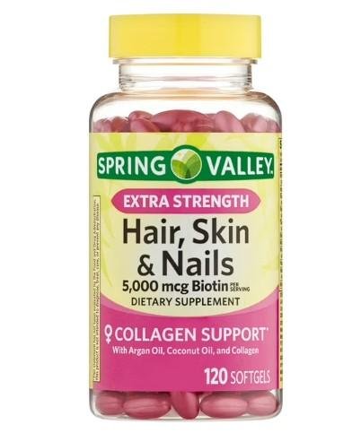 Spring Valley Extra Strength Hair, Skin, & Nails Collagen Support Softgels, 5000 mcg Biotin, 120 Count