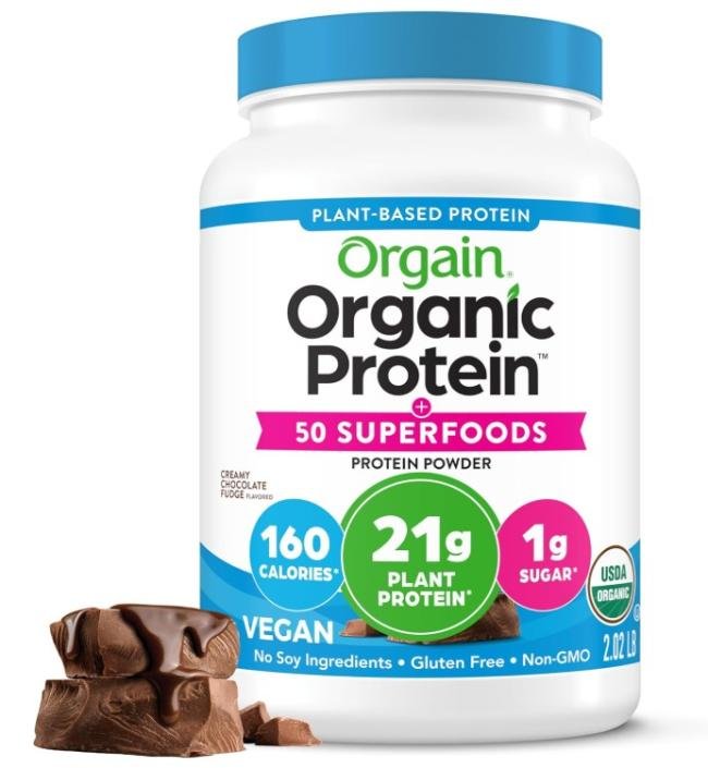 Orgain Organic Vegan Protein + 50 Superfoods Powder, Creamy Chocolate Fudge - 21g Plant Based Protein, 9g Prebiotic Fiber, No Lactose, Gluten Free, No Added Sugar, 2.02 lb (Packaging May Vary)