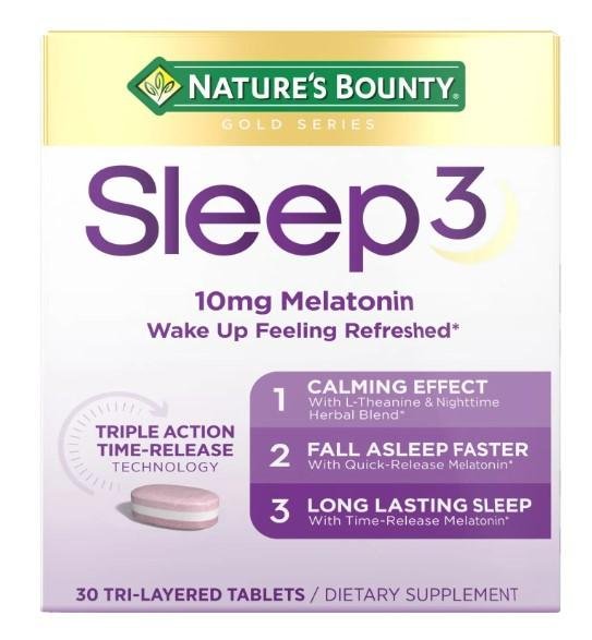 Nature's Bounty Sleep3 Melatonin, Maximum Strength Drug Free Sleep Aid, Tri-Layered Tablets, 10 Mg, 30 Ct