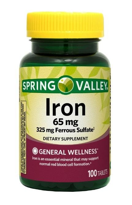 Spring Valley Iron General Wellness Dietary Supplement Tablets, 65 mg, 100 Count