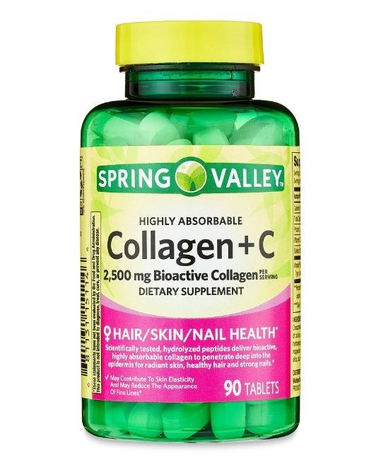 Spring Valley Highly Absorbable Collagen + C Tablets Dietary Supplement, 2,500 mg, 90 Count