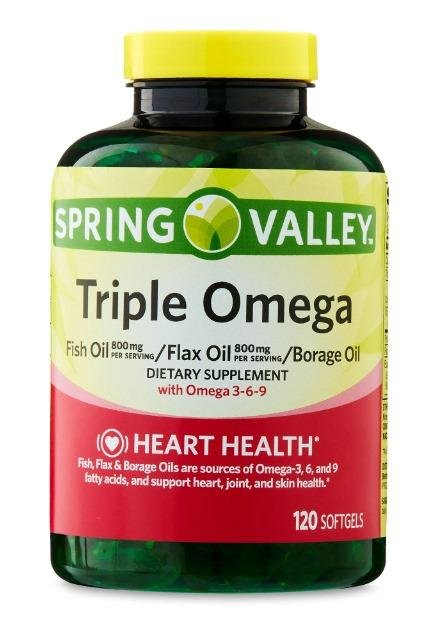 Spring Valley Triple Omega, Fish 800mg, Flax 800mg, and Borage Oil Softgels, Heart Health Supplement, 120 Count